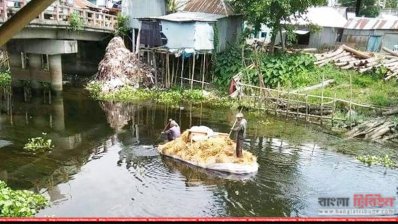 পলিথিনের নৌকায় ধান পরিবহন করছেন কৃষকেরা