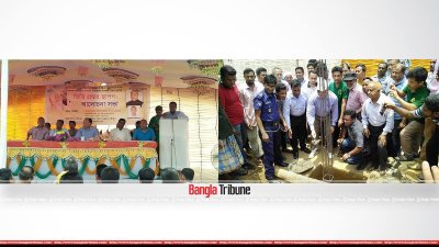 ডানে তিনটিলা বৌদ্ধ বিহার এলাকায় সমাবেশ অনুষ্ঠিত, বায়ে ভিত্তিপ্রস্তর স্থাপন করছেন পার্বত্য চট্টগ্রাম বিষয়ক মন্ত্রণালয়ের সাবেক মন্ত্রী দীপংকর তালুকদার