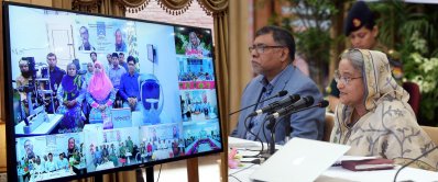 ভিডিও কনফারেন্সে বক্তব্য রাখছেন প্রধানমন্ত্রী শেখ হাসিনা (ছবি: বাসস)