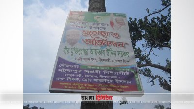 নীলফামারীর গাছে গাছে নির্বাচনি ব্যানার-ফেস্টুন