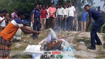 পাবনার সুজানগর উপজেলার সাতবাড়িয়া ও নাজিরগঞ্জ এলাকায় অভিযানে জব্দকৃত কারেন্ট জাল পুড়িয়ে ফেলা হচ্ছে