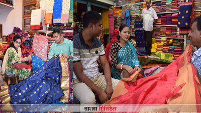 রাজশাহীতে পুজোর কেনাকাটায় ইনিন্ডিয়ান কাতান শাড়ি চাহিদা 