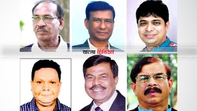 (ওপরে বাঁ থেকে) আজিজুল হক, মোস্তাফিজার রহমান ও মীর শাহে আলম,  (নিচে বাঁ থেকে) রেজাউল আলম জুয়েল, শরিফুল ইসলাম জিন্নাহ ও মাহমুদুর রহমান মান্না 