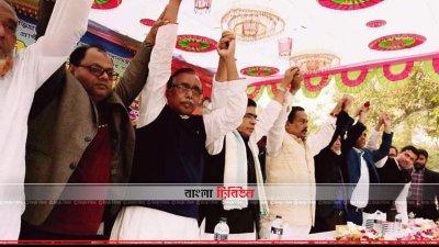 নির্বাচনি সভা মঞ্চে আওয়ামী লীগ ও জাতীয় পার্টির নেতারা (ছবি&ndash; প্রতিনিধি)