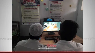 কম্পিউটারে শিক্ষামূলক গেম খেলছে ছেলেরা