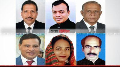 উপরে বাম থেকে সাইদুর রহমান রিন্টু, গোলাম ফারুক ও শামচুল আলম চুন্নু এবং নিচে বাম থেকে তরিকুল হাসান মিঠু খান, সৈয়দা মনিরুন্নাহার মেরী ও আব্দুর রইচ সেরনিয়াবাত (ছবি&ndash; প্রতিনিধি)