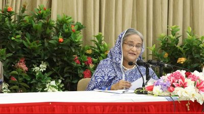 সংবাদ সম্মেলনে প্রধানমন্ত্রী শেখ হাসিনা (ছবি: ফোকাস বাংলা)