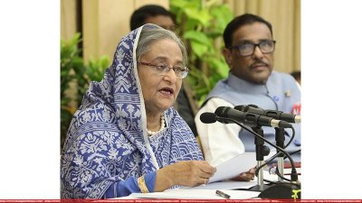 সংবাদ সম্মেলনে প্রধানমন্ত্রী শেখ হাসিনা (ছবি: ফোকাস বাংলা)