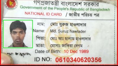 দুর্ঘটনাস্থলে পাওয়া সুরুজ হাওলাদারের জাতীয় পরিচয়পত্র 