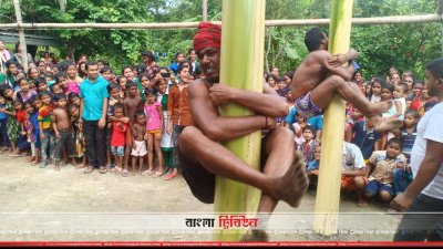 কোটালীপাড়ায় তৈলাক্ত কলা গাছ বেয়ে ওঠার প্রতিযোগিতা