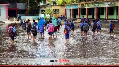 জমে থাকা নর্দমার পানি পেরিয়ে শিশুশিক্ষার্থীদের প্রতিদিন স্কুলে যেতে হয়