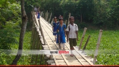বাঁশের সাঁকো পার হয়ে বিদ্যালয়ে যাওয়া-আসা (ছবি– প্রতিনিধি)