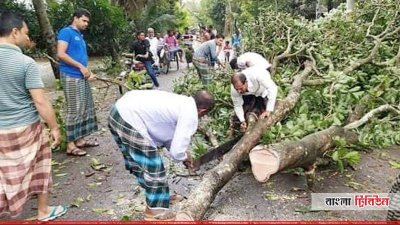 কয়রায় রাস্তায় পড়ে থাকা গাছ সরিয়ে যান চলাচলের ব্যবস্থা করা হচ্ছে