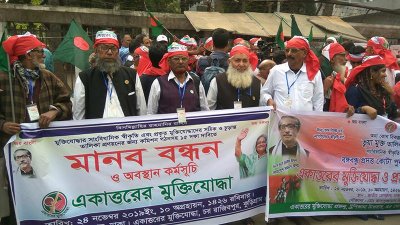 ‘মুক্তিযোদ্ধা সুরক্ষা আইন’ প্রণয়নসহ ১৩ দফা দাবিতে মানববন্ধন
