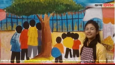 স্কুলের দেয়ালে ছবি আঁকা চলছে 