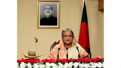 জাতির উদ্দেশে ভাষণ দিচ্ছেন প্রধানমন্ত্রী শেখ হাসিনা। ছবি: বাসস