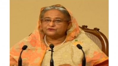 প্রধানমন্ত্রী শেখ হাসিনা। টেলিভিশন থেকে নেওয়া ছবি।