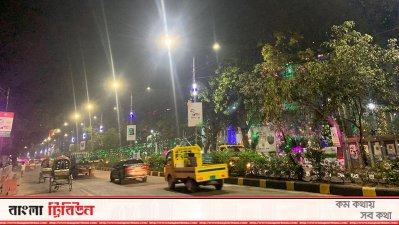 সড়কের এলইডি বাতির নিচে বিশেষ রঙের ইলেকট্রিক বাতি লাগানো হয়েছে