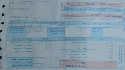তাজুল ইসলামের মে মাসের বিদ্যুৎ বিল