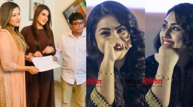 মাহির সঙ্গে প্রযোজক-পরিচালকের চুক্তি স্বাক্ষর, ডানে ফাইল ছবিতে অপু বিশ্বাস