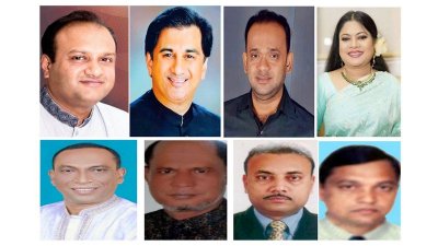 সিরাজগঞ্জ-১ আসনের উপনির্বাচনে মাঠে নাম শোনা যাচ্ছে এমন প্রার্থীরা। ওপরে বাম থেকে: প্রকৌশলী তানভীর শাকিল জয় (আ.লীগ), ব্যারিস্টার শেহেরিন সেলিম রিপন (আ.লীগ), অমিত দেব (আ. লীগ), কণ্ঠশিল্পী রুমানা মোর্শেদ কনকচাঁপা (বিএনপি)। নিচের সারিতে বাম থেকে: নাজমুল হাসান রানা (বিএনপি), আলাউদ্দিন হোসেন (বিএনপি), সেলিম রেজা (বিএনপি), তহযিবুল এনাম তুষার (বিএনপি)।