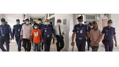 বায়ে আটক সুমন ও দেলোয়ার, ডানে ইউপি সদস্য মোয়াজ্জেম