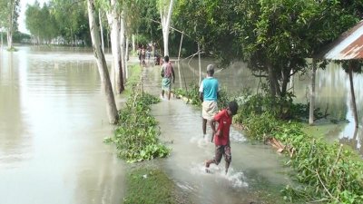 নদী তীরবর্তী নিম্নাঞ্চল ও চরাঞ্চল বন্যার কবলে পড়েছে