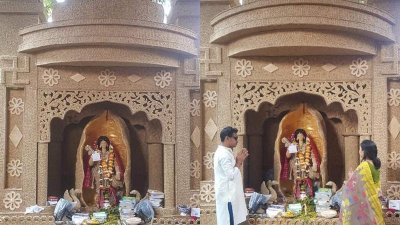 কফির কাপের পর এবার বাদামের খোসায় পূজামণ্ডপ