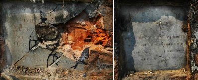 ভাঙা হয়েছে একটি কবরের নামফলক (বামে), অপর কবরটি এখন অক্ষত রয়েছে