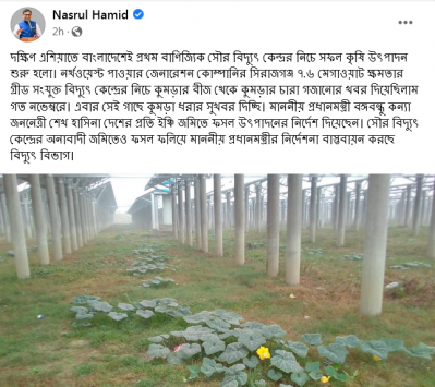 সৌরবিদ্যুৎ কেন্দ্রের গাছে কুমড়া ধরার সুখবর দিলেন প্রতিমন্ত্রী