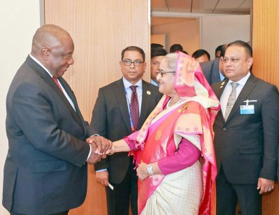 দক্ষিণ আফ্রিকার প্রেসিডেন্ট মাতামেলা সিরিল রামাপোশা ও প্রধানমন্ত্রী শেখ হাসিনা (ছবি: ফোকাস বাংলা)