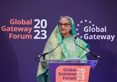 ব্রাসেলসে গ্লোবাল গেটওয়ে ফোরামে বক্তব্য রাখেন প্রধানমন্ত্রী শেখ হাসিনা (ছবি: ফোকাস বাংলা)