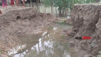 পানির তোড়ে সড়ক ভেঙে বাড়িঘর ডুবে গেছে 