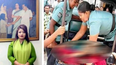আফরোজা খানম নাসরিন, পাশের ছবিতে ঢাকায় বিক্ষোভ মিছিল তাকে গাড়িতে তুলে নিয়ে যাচ্ছে পুলিশ