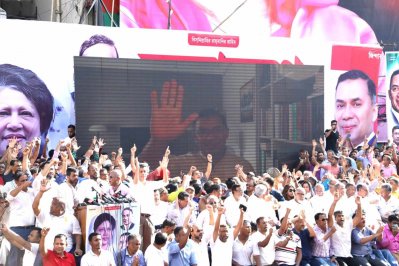 সমাবেশে ভার্চুয়ালি বক্তব্য দিচ্ছেন তারেক রহমান। ছবি নাসিরুল ইসলাম
