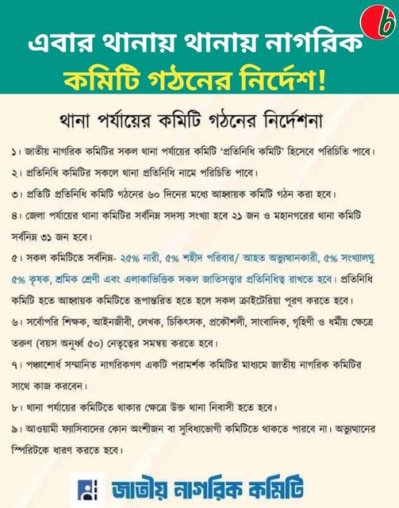 থানা পর্যায়ে কমিটি গঠনের নির্দেশনা