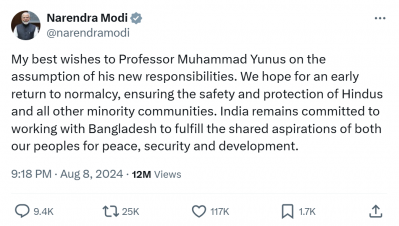 Narendra Modi's tweet after Dr. Yunus took charge as Chief Advisor