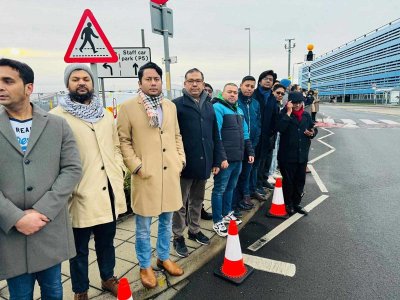 UK BNP activists outside Heathrow airport 