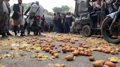 রাস্তায় আলু ফেলে কৃষকদের বিক্ষোভ