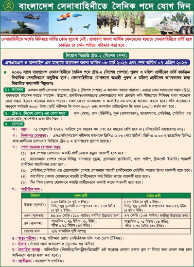 সেনাবাহিনীতে চাকরির নিয়োগ বিজ্ঞপ্তি