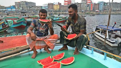 কাজের ফাঁকে রসালো তরমুজ কাচ্ছেন শ্রমিকরা