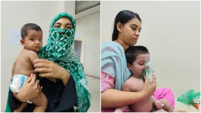 ডিএনসিসি হাসপাতালে হামে আক্রান্ত শিশুদের সঙ্গে তাদের মায়েরা। কোলাজ ছবি