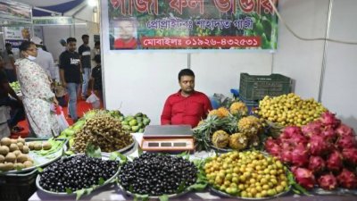 মেলায় দেশি ফলে পসরা সাজিয়ে বসেছেন বিক্রেতা।