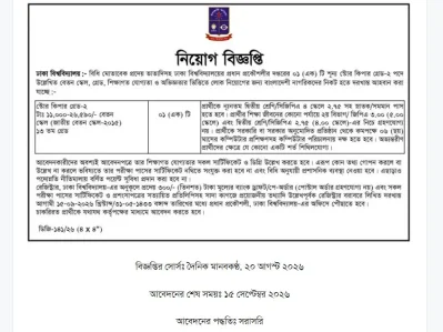 ঢাকা বিশ্ববিদ্যালয়ে একাধিক পদে নিয়োগ, ২ নভেম্বরের মধ্যে আবেদন