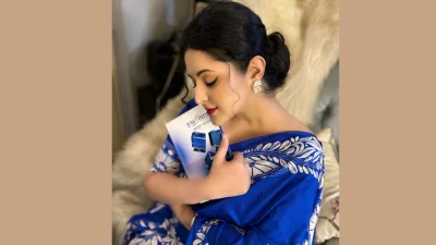 নীল শাড়িতে পরীমণি (ছবি: ফেসবুক থেকে নেওয়া)