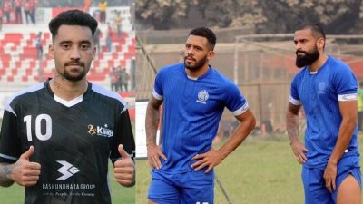 বসুন্ধরায় আলো ছড়াচ্ছেন রবিনিয়ো (বাঁয়ে), আর আবাহনীর জার্সিতে মাঠ মাতাচ্ছেন অগাস্তো ও তোরেস