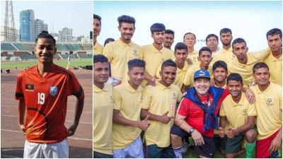 ম্যারাডোনার সান্নিধ্য পেয়েছিলেন মোহাম্মদ জুয়েল (ম্যারাডোনার ডান থেকে দ্বিতীয়)