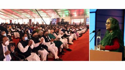 জাতীয় প্যারেড স্কয়ারে বঙ্গবন্ধুর জন্মশতবার্ষিকী এবং স্বাধীনতার সুবর্ণজয়ন্তীর অনুষ্ঠানে বক্তব্য রাখছেন প্রধানমন্ত্রী শেখ হাসিনা, ছবি: ফোকাস বাংলা