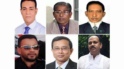 ওপরে বাঁ থেকে- মনিরুজ্জামান ফারুক, মজিবুর রহমান নান্টু, দেওয়ান মোহাম্মদ শহিদুল্লাহ, মীর জাহিদুল কবির জাহিদ, আকতার হোসেন মেবুল ও মিজানুর রহমান মুকুল