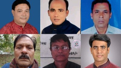 উপরের বাঁ থেকে আব্দুর রউফ, আবুল খায়ের বিটু, আমিনুর রহমান, ওবায়দুল ইসলাম, ওয়াহেদুল ইসলাম ও মাসুম রেজা